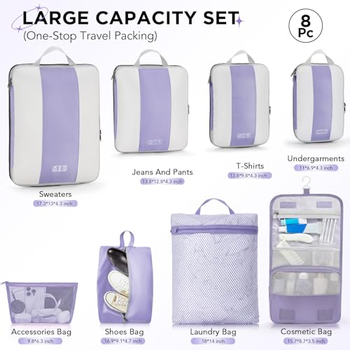 8 Set Compression Packing Cubes for Travel Essentials (Purple Gray)