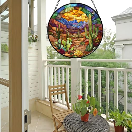 Desert Cactus Canyon Stained Glass Window Hanging Suncatcher Gifts 6.3" (Brown / 6.3x6.3 IN)