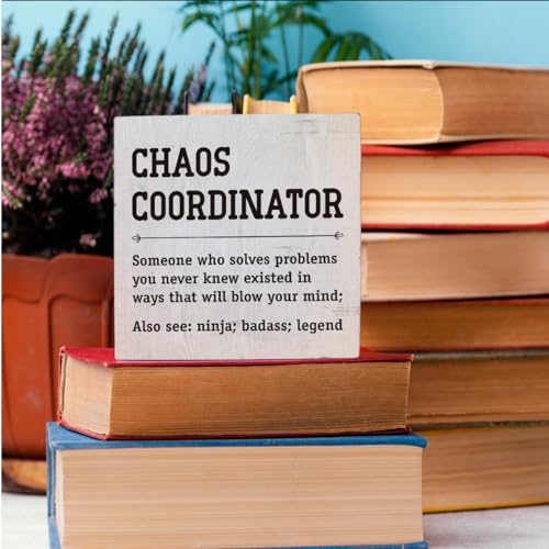 Chaos Coordinator Thank You Gifts Office Decor Funny Motivational Desk Decor Gifts for Coworkers Boss Manager Appreciation Rustic Wooden Box Sign for Table Top Office Bookshelf White (white- Chaos)