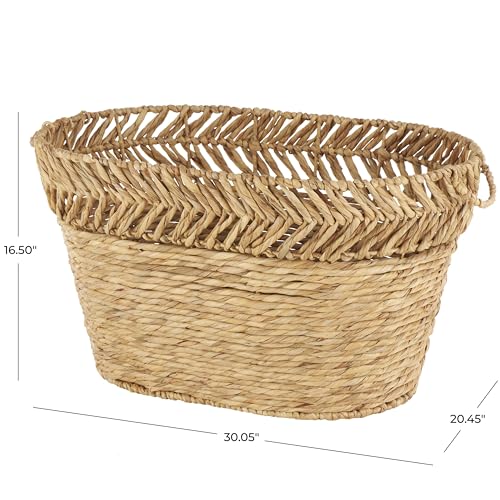 Seagrass Handmade Decorative and Functional Storage Basket Large Woven Oval Basket Organizer with Zig Zag Patterned Rim (30" x 20" x 17" / Brown)