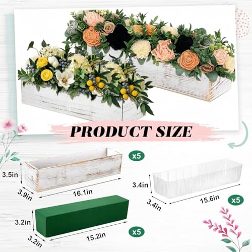 5 Set Wood Boxes for Centerpieces 16x4 Inch Rectangle Wooden Planter Box Rustic Wooden Planters with Removable Plastic Liner Floral Foam Blocks for Christmas Wedding Home Garden Decor (16 x 4 Inch / White)