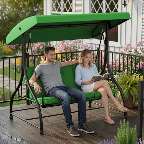3 Seat Patio Porch Swing with Adjustable Canopy and Stand (Green / without cup holder)