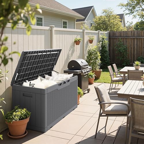 100 Gallon Resin Deck Box Large Outdoor Storage Boxes with Cushions for Garden Tools (Gray / 100 Gallon)