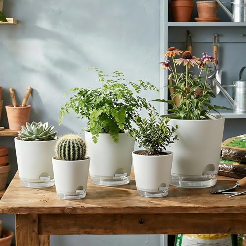 2026 Upgraded Self Watering Plant Pots with Drainage Hole (7-white-upgraded / 7+6.5+6+5.5+5+4 inch)