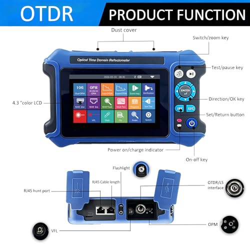 16-in-1 OTDR Fiber Optic Tester 1310/1550/1625nm, with Event Map, 10G PON OPM, VFL, OLS, RJ45 Cable Tracker, 80km Range Network Diagnosis Tool (Blue and White)