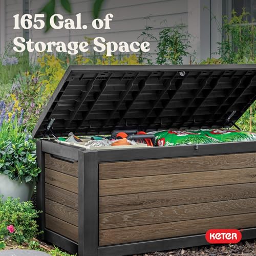 Signature Collection 165 Gallon Resin Deck Box Organization and Storage Box for Patio Outdoor Cushions (Walnut / 165 Gallon)