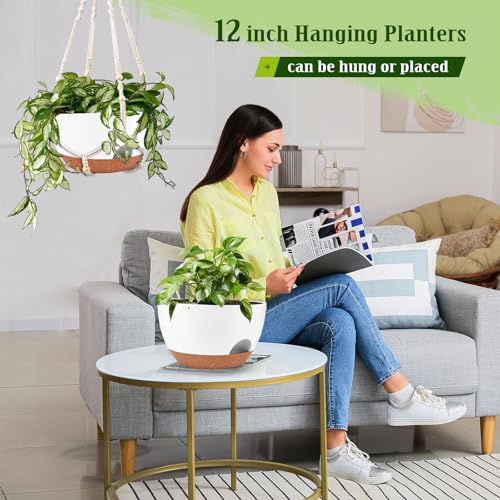 10 Inch Self Watering Hanging Planters with Metal Chain & Macrame Hangers (2 Type Plant Hangers White / 12 Inch)