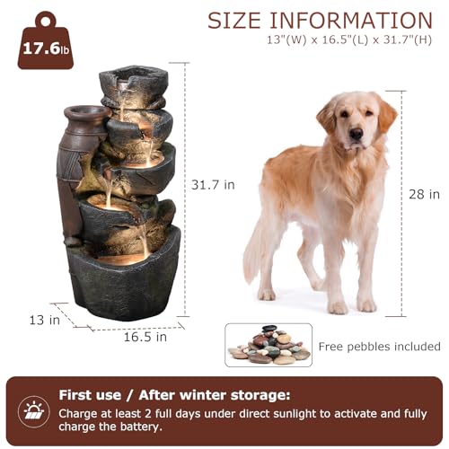 31.7" Tall Rock Solar Water Fountain Outdoor Waterfall (31.7’’H / Solar-jar & Stacked Stone)