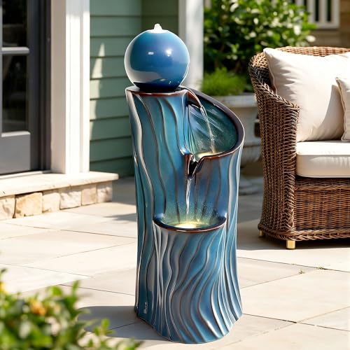 32" H Ceramic Outdoor Water Fountain (Turquoise Wave Texture 32"h-sphere)
