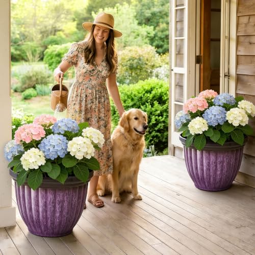 15" Large Planters for Outdoor Plants Set of 2 Plastic Flower Pots (15"-gradient Purple)