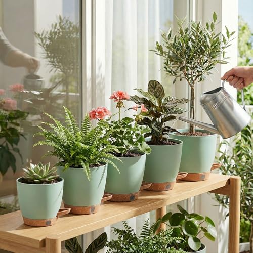 5 Pack Self Watering Pots for Ourdoor (Green / 6.5/7/8/9/10 Inch)