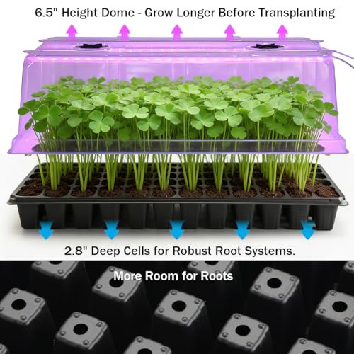 4 Pack 1020 Trays with Grow Light & 72 Cell Plug & 6.3" Tall Humidity Domes (4p 1020Trays+6.3''Domes+72 Plugs+Lights)