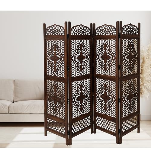 Room Divider Wooden Foldable Hand Carved Screens Panel_80" Wx72 H_4Panel (Burnt / 80"W x 72"H - Minar)