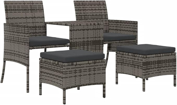 Grey 2 Seater Garden Sofa Set with Tea Table and Footstools PE Rattan Outdoor Patio Furniture for Balcony Terrace and Backyard