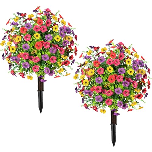 23.6" Artificial Boxwood Topiary Ball Trees with Flowers Set of 2 (Mix)