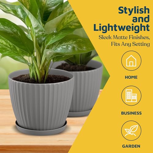 Gray 6 Inch Plant Pots with Drainage & Saucers 6 Pack (6 Count)