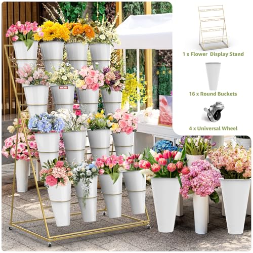 Flower Display Stand 4 Layers with 16 PCS Round Buckets