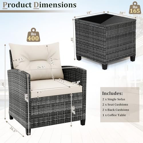 3 Pieces Patio Conversation Set PE Rattan Outdoor Furniture Sofa Set with Removable Cushion (Mix Grey & Beige)