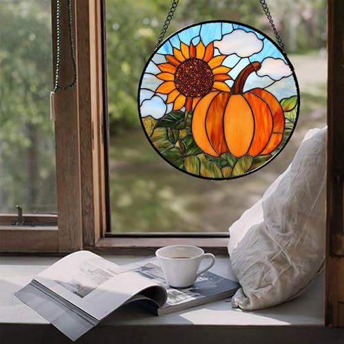 Fall Pumpkin Sunflower Stained Glass Window Hanging Suncatcher Gifts 9.8"