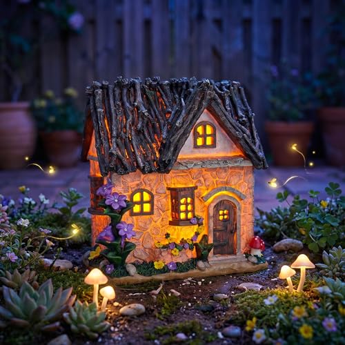 Enchanted Fairy Garden Cottage with Twig Roof & Floral Accents (Enchanted Fairy Cottage)