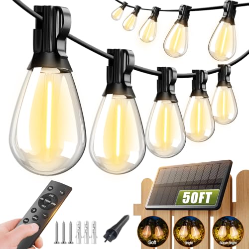 50FT Solar String Lights Outdoor with Remote and 18+1 LED Shatterproof Bulbs Dimmable & Timing 3 Light Modes Solar Patio String Lights for Cafe (50FT-Solar)