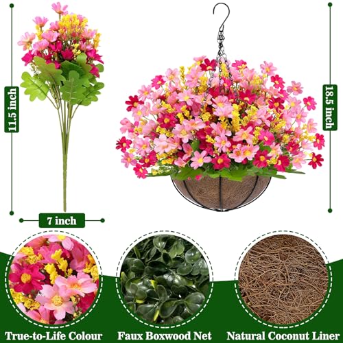 Artificial Hanging Flowers Basket for Outdoor Spring Summer Decor (Daisy Pink Mix)