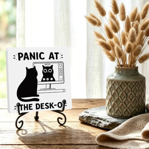 Cat Wooden Plaque for Home Office Book Shelf Table Decor 6.3x6.3 Inch (Multicolor 1715 / Wooden sign with iron frame（6.3 x 6.3 inches）)