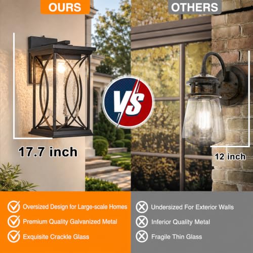 18" Extra Large Outdoor Sconce with photocell Sensor Coach Lantern Modern Large Exterior Light Fixture Waterproof Black Metal with Crack (Black-XL)