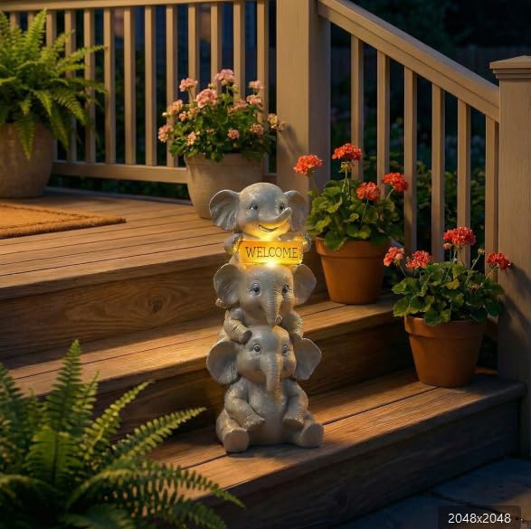 Solar Elephant Garden Statue with Lighted Welcome Sign (A Family of Three Elephants)
