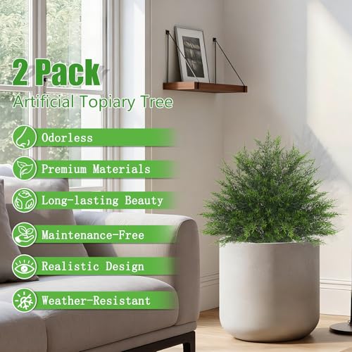 2 Pack 23" Artificial Cedar Topiary Ball Trees with Ground Spike (Fine Cedar)