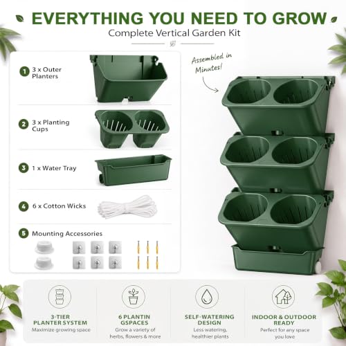 3 Set 6 Pocket Vertical Stackable Wall Planters Kit Outdoor Self Watering Plastic Planter Grow Hang Mount System for Strawberry Flower Vegetable Home Fence Balcony Wall Decor (Military Green)