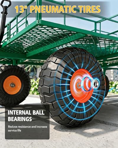 Heavy Duty Steel Garden Cart 1200 LBS Capacity 3 in 1 Pullable Garden Wagon with 13 in Wheels for Gardening Soil (Green and Orange / 1200 lbs)