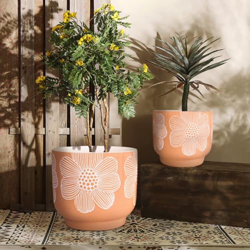 Ceramic Plant Pots (8+6 Inch / Modern Orange Floral)