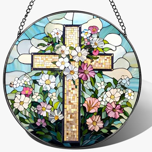 8'' Christian Stained Glass Suncatcher Ornament (Cross-c)