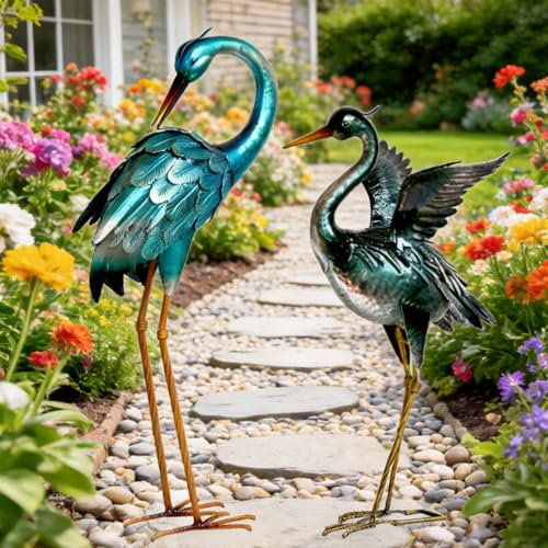 Garden Crane Statues Blue Heron Metal Birds Yard Art Ornament (Dark Blue)