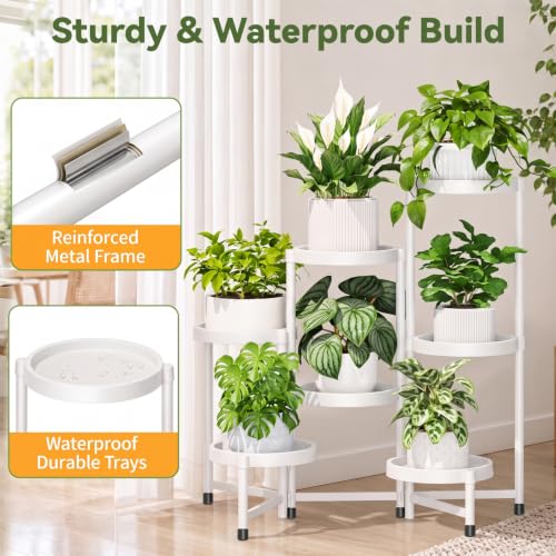Plant Stand Indoor Outdoor with Large 10 Inch Plastic Tray (Pure White with Large Tray / 7 Tier)