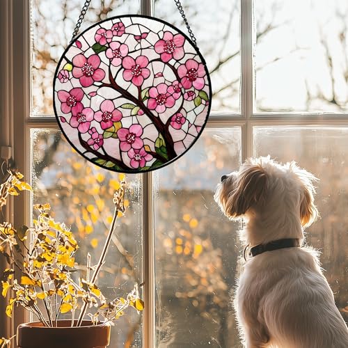 Pink Cherry Blossoms Stained Glass Window Hanging Suncatcher Gifts 15" (Pink / 15x15 IN)