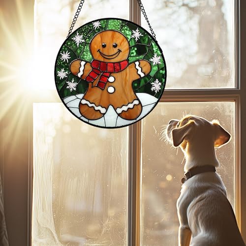 Smiling Gingerbread Man Stained Glass Window Hanging Suncatcher Gifts 6.3" (Brown / 6.3x6.3 IN)
