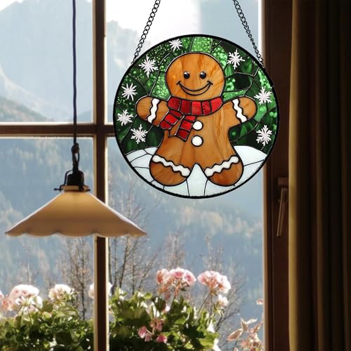 Smiling Gingerbread Man Stained Glass Window Hanging Suncatcher Gifts 6.3" (Brown / 6.3x6.3 IN)