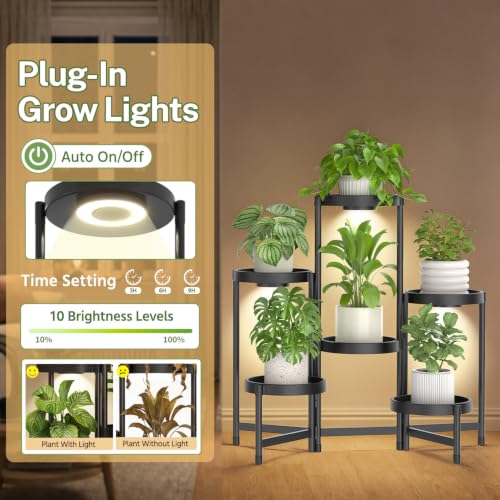 Plant Stand Indoor Outdoor Tall With Grow Lights (Black with Light / 6 Tier)