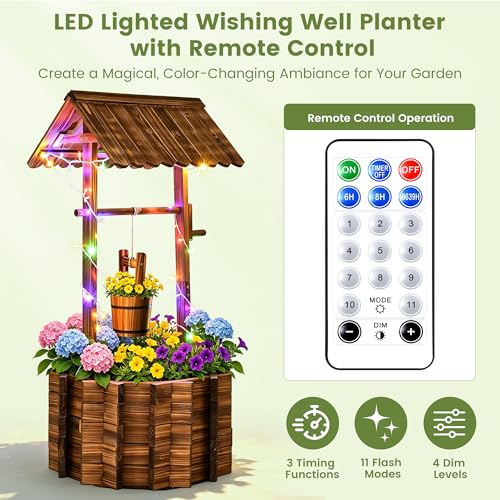 54" Outdoor Wooden Wishing Well Planter with Colorful LED Lights (54" H-wishing Well Planter)