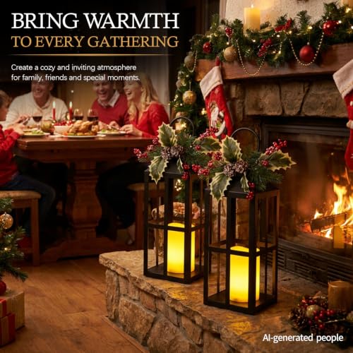 Christmas Lanterns 2 Pack with LED Candles for Christmas Porch Decor