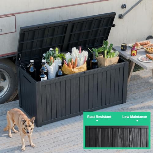200 Gallon Waterproof Resin Outdoor Storage Box with Hydraulic Gas Strut & Metal Support Rod (Black / 200 Gallon)