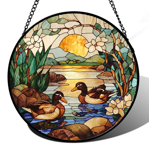 Stained Glass Window Hanging Duck Pond Suncatcher Gifts for Women 15"