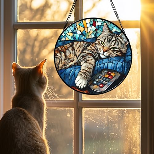 Gray Cat Remote Control Stained Glass Window Hanging Suncatcher Gifts 15" (Blue-gray / 14.9x14.9 IN)