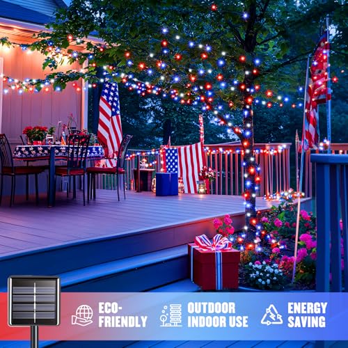 2 Pack Solar String Lights (Red White and Blue / 100LED*2)