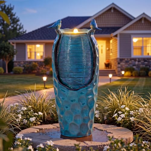 Autodaya 33" Vase Ceramic Outdoor Water Fountain with Lights and Birds (33"h-birds Jar Turquoise Glaze)