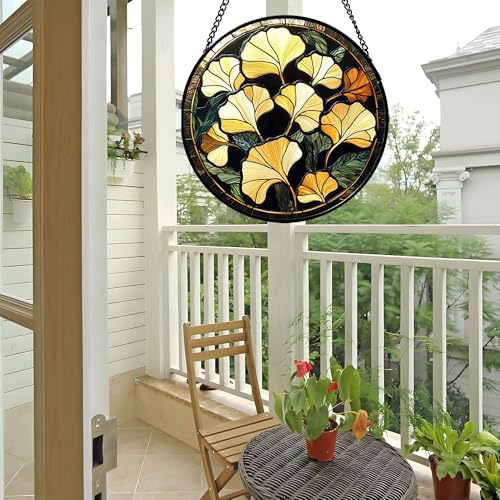 Ginkgo Leaves Stained Glass Window Hanging Suncatcher Gifts for Women 15"
