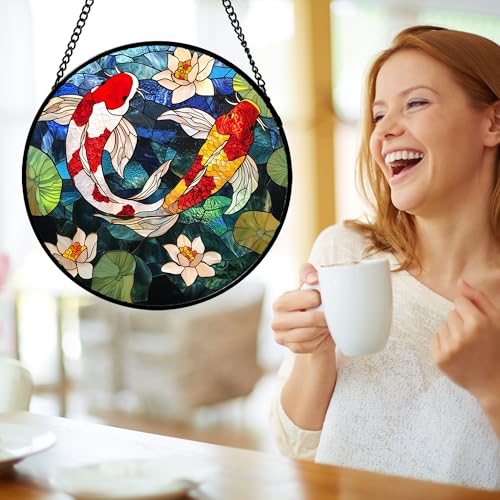 Stained Glass Window Hanging Carp Suncatcher Gifts for Women 15" (Red and White / 15x15 IN)