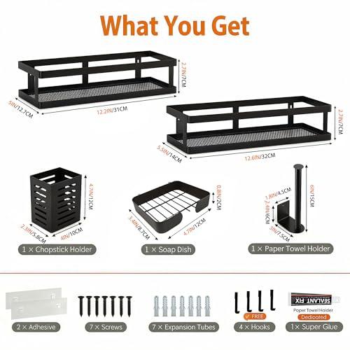 5-in-1 Shower Caddy & Kitchen Organizer Set, Wall Mount Wide Spice Rack with Paper Towel Holder, Utensil Holder, Soap Dish, Rustproof Mesh Baskets Hold 50LBS - Matte Black, Guardrail